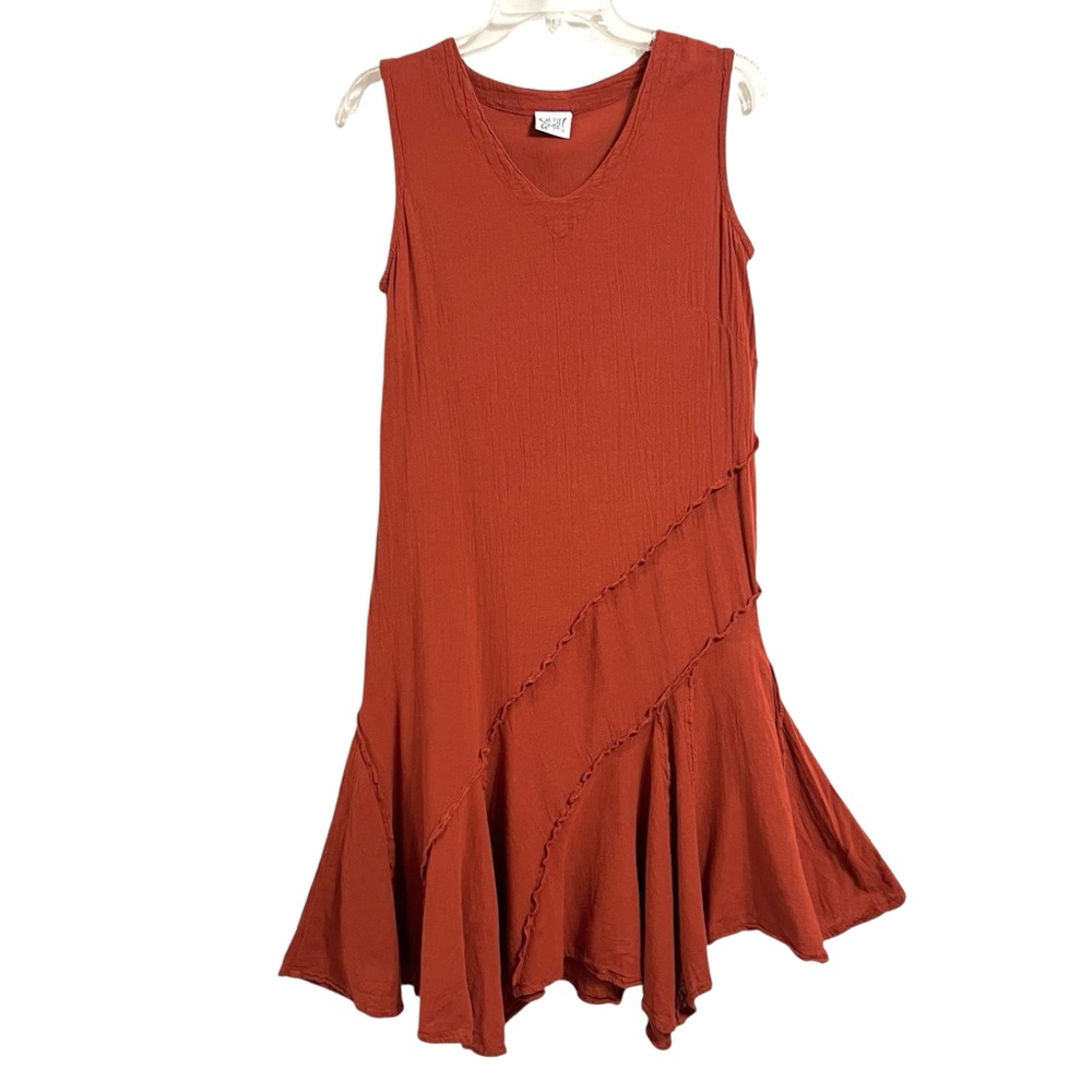 Oh My Gauze Lagenlook Asymmetric Ruffle Dress Womens S/M Rust Flare Hem Artsy